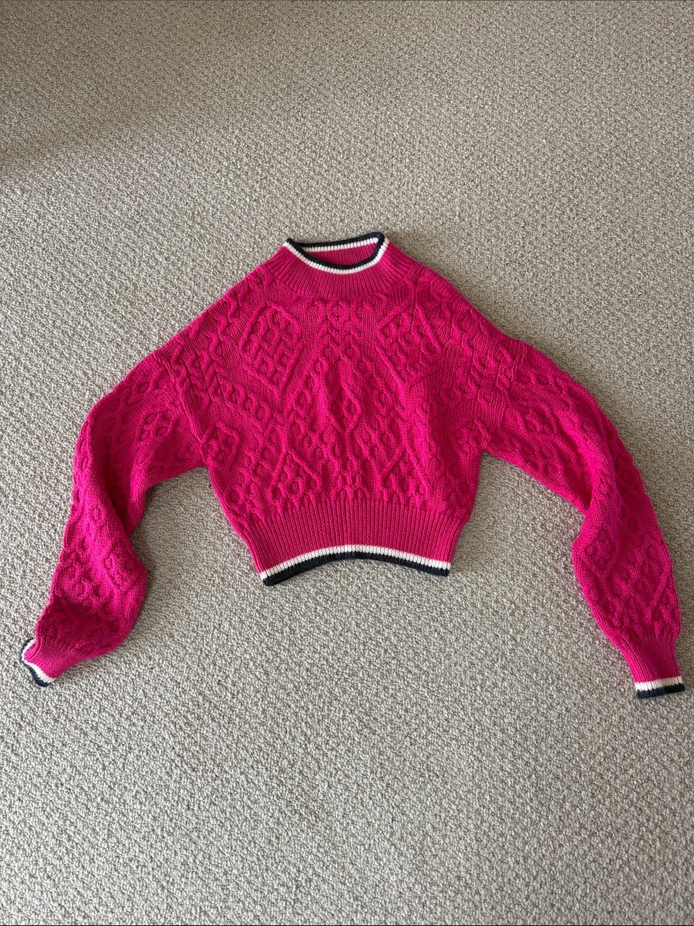 MOTHER Hot Pink Cable-Knit Cropped Crewneck Sweater with Contrast Trim